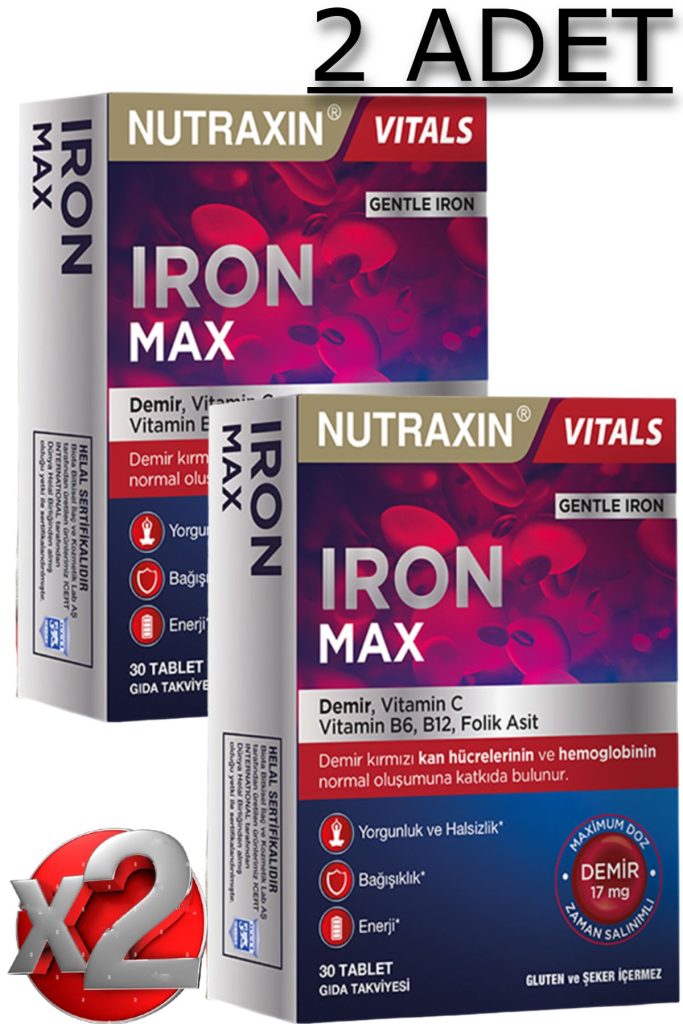 2 adet nutraxin iron max 30 adet tablet demir vitamin c b6 folik asit b12 319