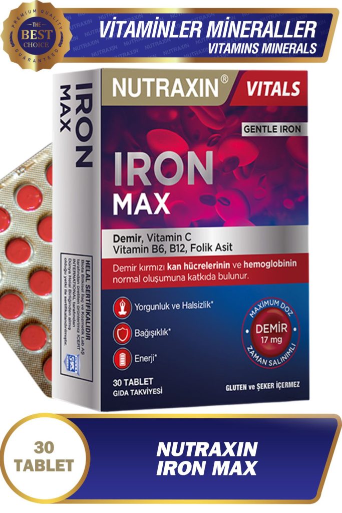 2 adet nutraxin iron max 30 adet tablet demir vitamin c b6 folik asit b12 320